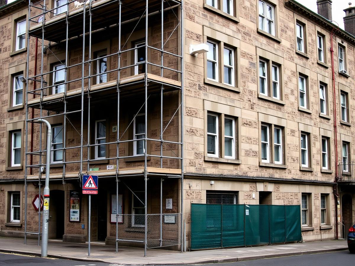 Scaffolded Victorian tenement undergoing sandstone repairs