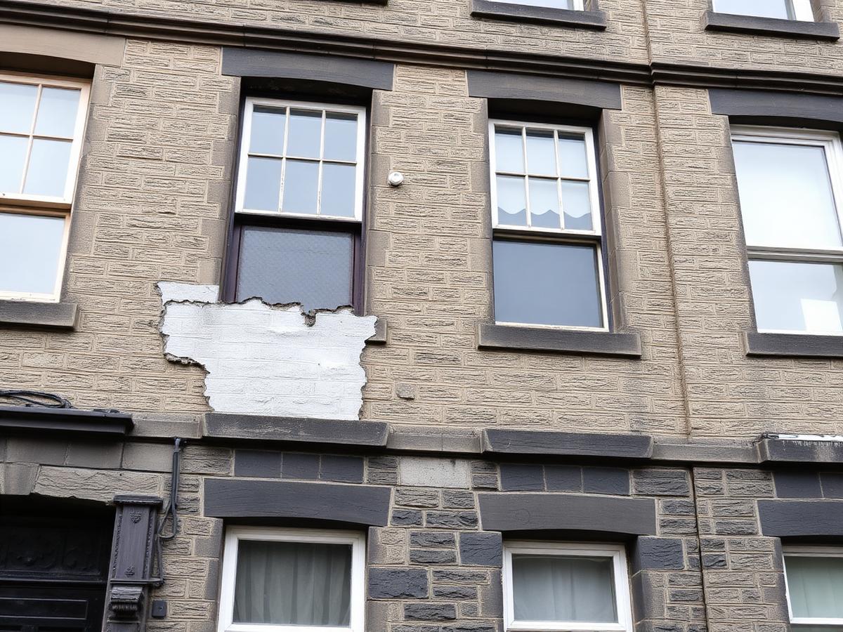 Sandstone tenement with failed cement pointing before repair