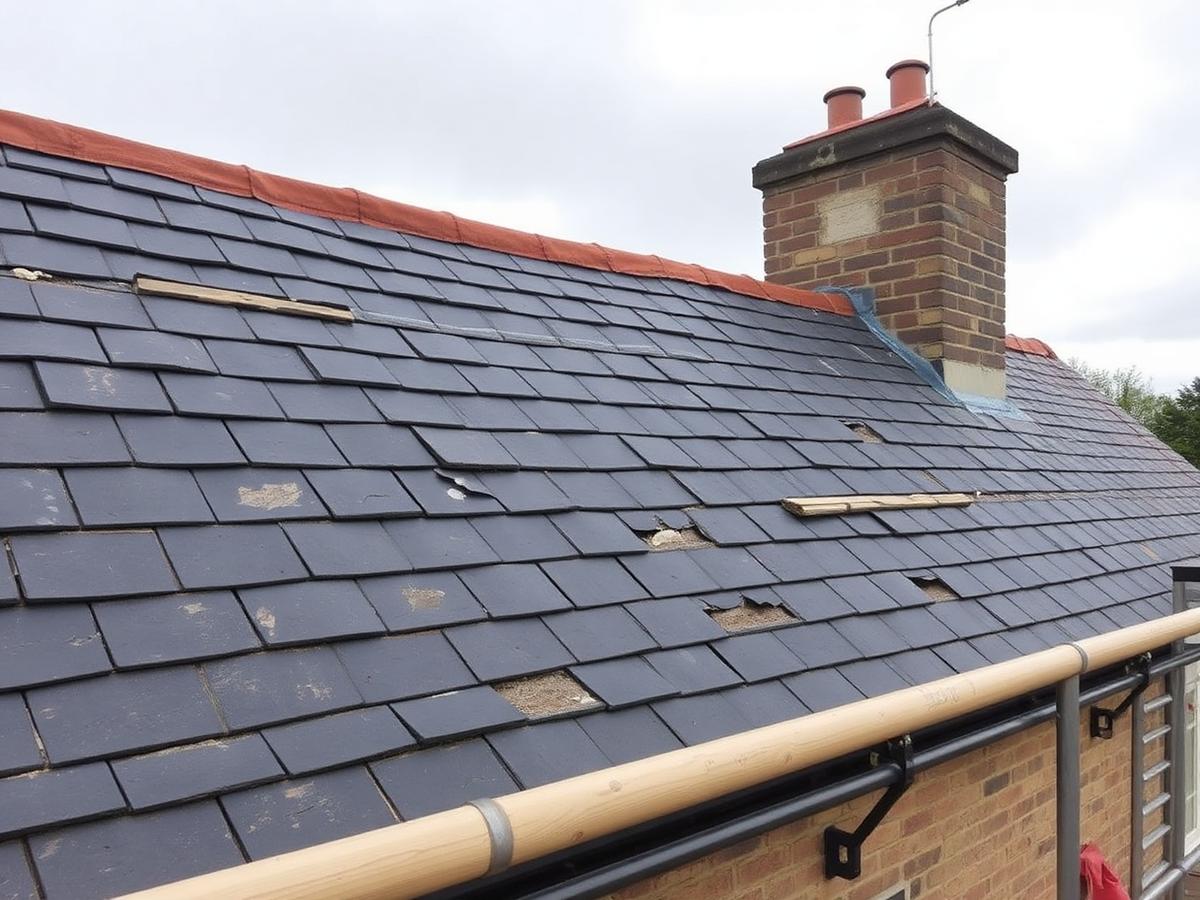 Slate roof with slipped and missing slates before repair